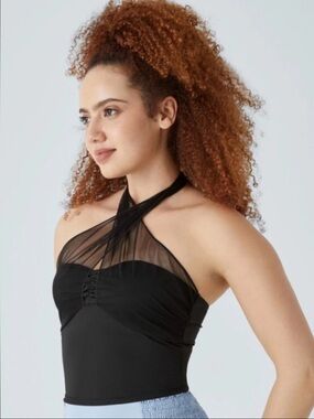New HALARA Black Halter Criss Cross Mesh Tie Back Athleisure Top - Sz M